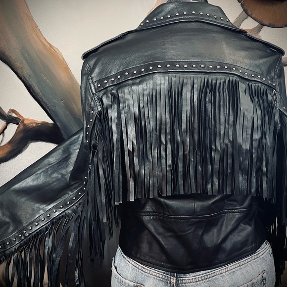 Jackets & Blazers - Leather Fringe Studded Motorcycle Jacket with Removable Fringe
